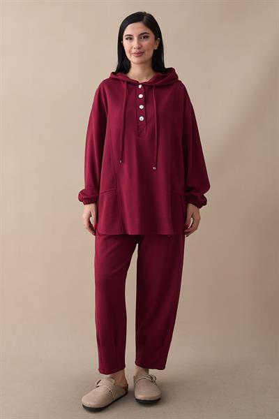 Kapüşonlu Düğmeli İkili Bordo Modal Takım