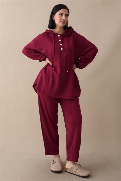 Kapüşonlu Düğmeli İkili Bordo Modal Takım