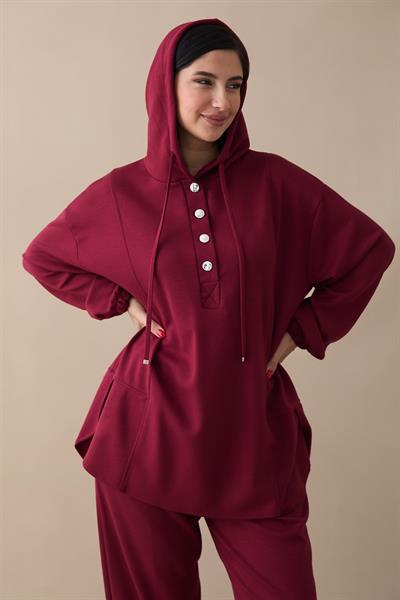 Kapüşonlu Düğmeli İkili Bordo Modal Takım