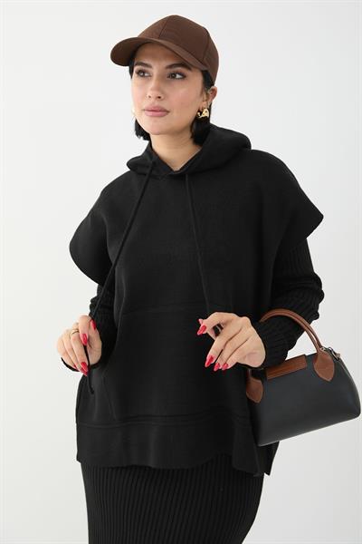 Kapüşonlu Elbiseli Siyah Triko Takım