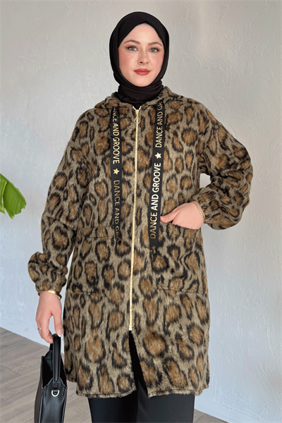 Kapüşonlu Leopar Desenli Camel Kap