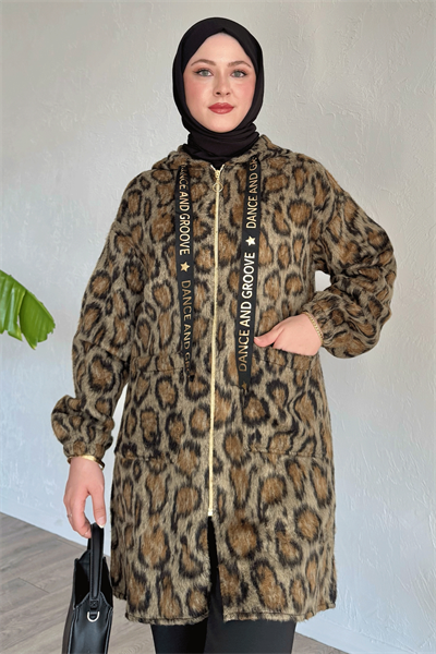 Kapüşonlu Leopar Desenli Camel Kap