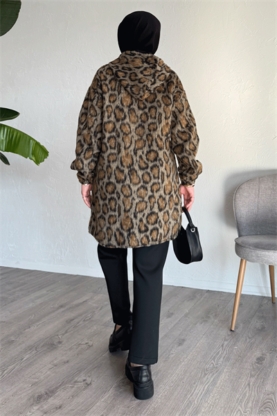 Kapüşonlu Leopar Desenli Camel Kap
