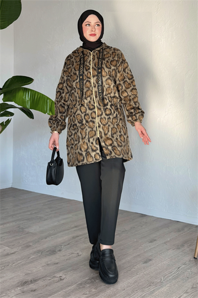 Kapüşonlu Leopar Desenli Camel Kap