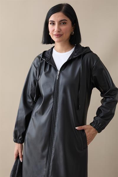 Kapüşonlu Uzun Deri Siyah Kap