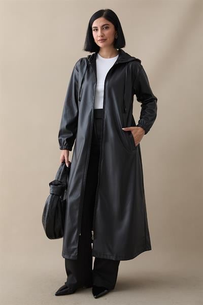 Kapüşonlu Uzun Deri Siyah Kap