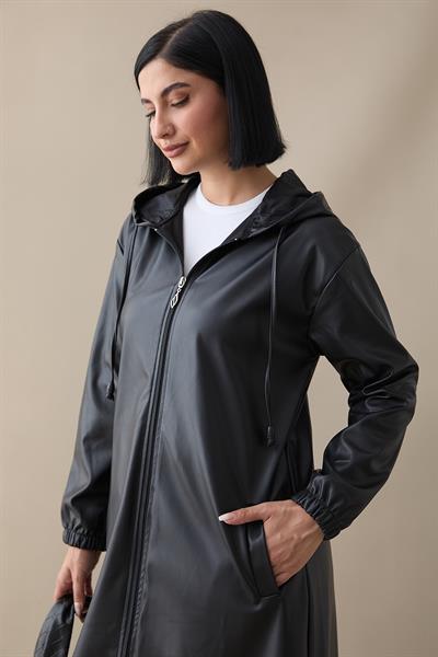 Kapüşonlu Uzun Deri Siyah Kap