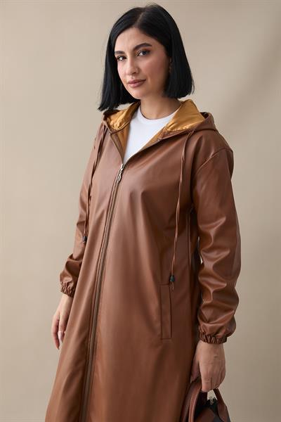 Kapüşonlu Uzun Deri Taba Kap