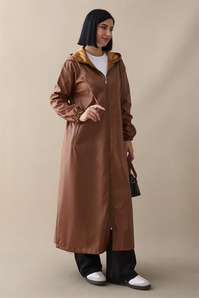 Kapüşonlu Uzun Deri Taba Kap