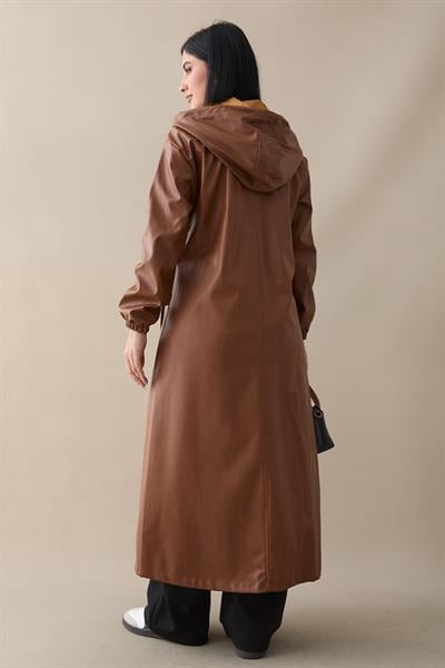 Kapüşonlu Uzun Deri Taba Kap