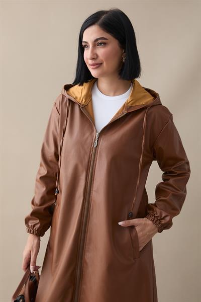 Kapüşonlu Uzun Deri Taba Kap