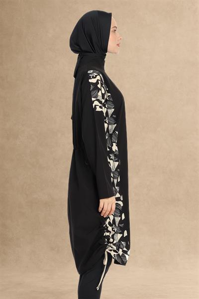 Karışık Desen Kapalı 4 Parça Siyah Tesettür Mayo 6219A