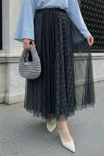 Karışık Ekose Desenli Siyah Tül Etek