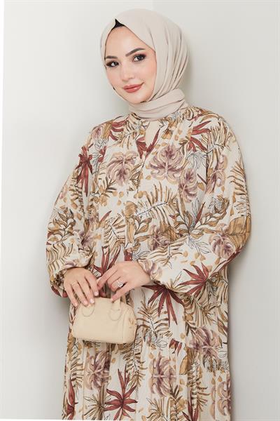 Karışık Palmiye Desen Kahverengi Viskon Elbise