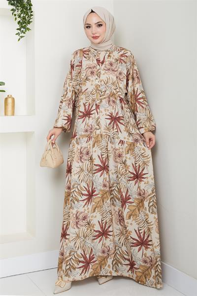 Karışık Palmiye Desen Kahverengi Viskon Elbise