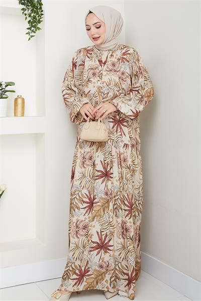 Karışık Palmiye Desen Kahverengi Viskon Elbise