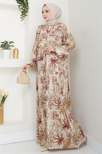 Karışık Palmiye Desen Kahverengi Viskon Elbise