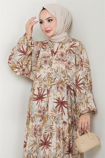 Karışık Palmiye Desen Kahverengi Viskon Elbise