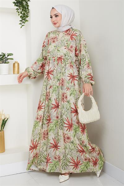 Karışık Palmiye Desen Yeşil Viskon Elbise