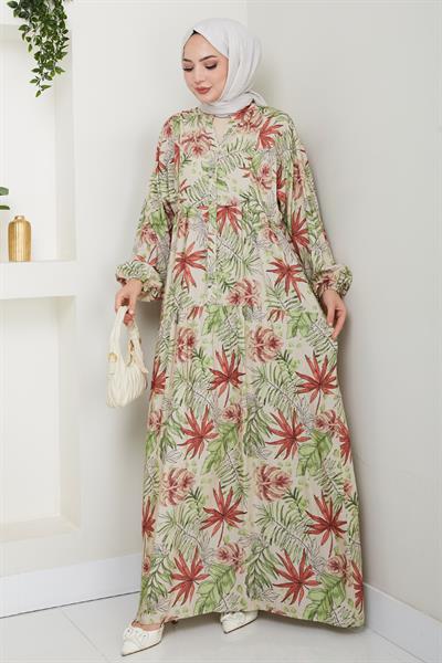 Karışık Palmiye Desen Yeşil Viskon Elbise