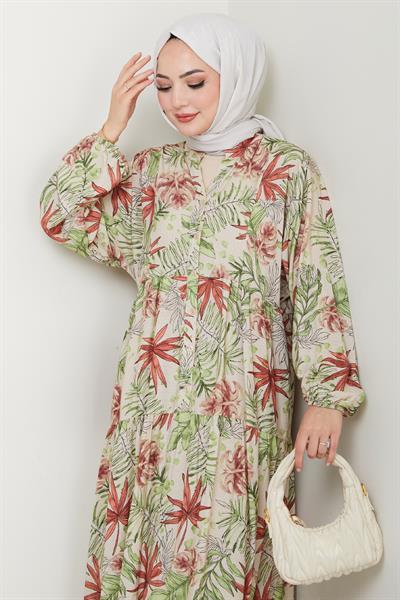 Karışık Palmiye Desen Yeşil Viskon Elbise