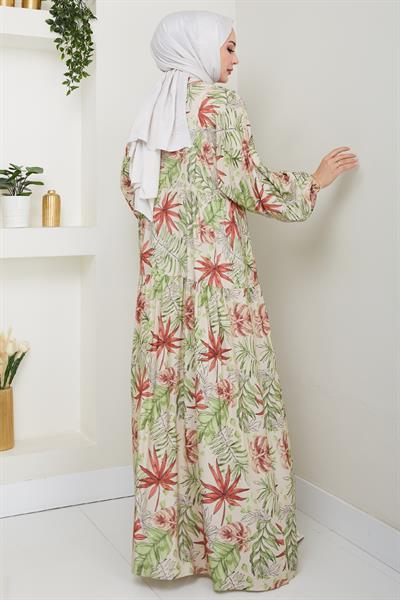 Karışık Palmiye Desen Yeşil Viskon Elbise