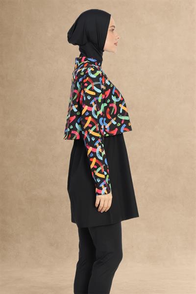 Karışık Renkli Bolerolu Kapalı Siyah Tesettür Mayo
