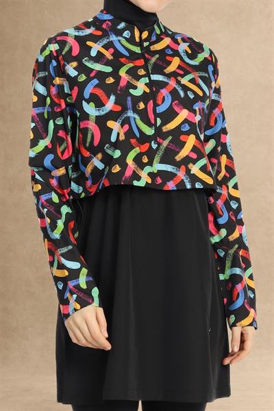 Karışık Renkli Bolerolu Kapalı Siyah Tesettür Mayo