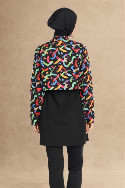 Karışık Renkli Bolerolu Kapalı Siyah Tesettür Mayo