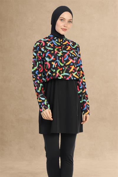 Karışık Renkli Bolerolu Kapalı Siyah Tesettür Mayo