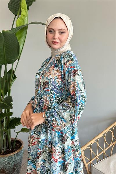 Karışık Renkli Salaş İndigo Viskon Elbise