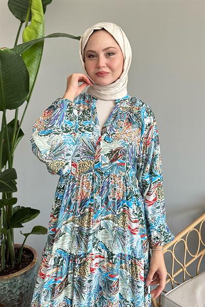 Karışık Renkli Salaş İndigo Viskon Elbise