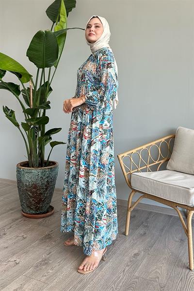 Karışık Renkli Salaş İndigo Viskon Elbise