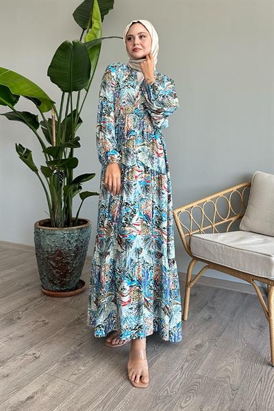 Karışık Renkli Salaş İndigo Viskon Elbise