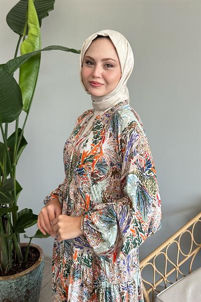 Karışık Renkli Salaş Oranj Viskon Elbise