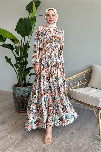 Karışık Renkli Salaş Oranj Viskon Elbise