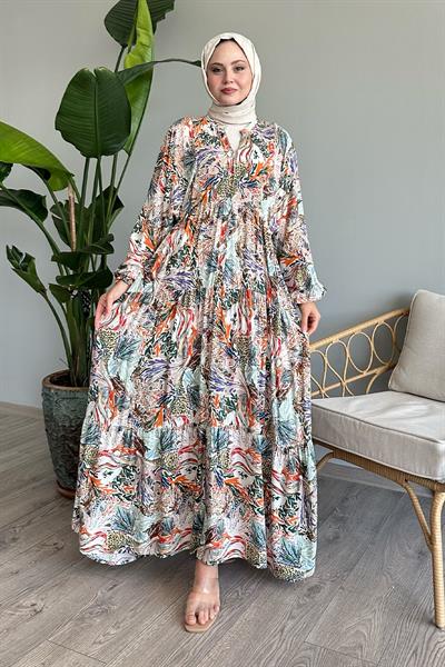Karışık Renkli Salaş Oranj Viskon Elbise