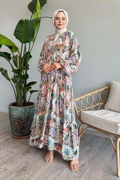 Karışık Renkli Salaş Oranj Viskon Elbise