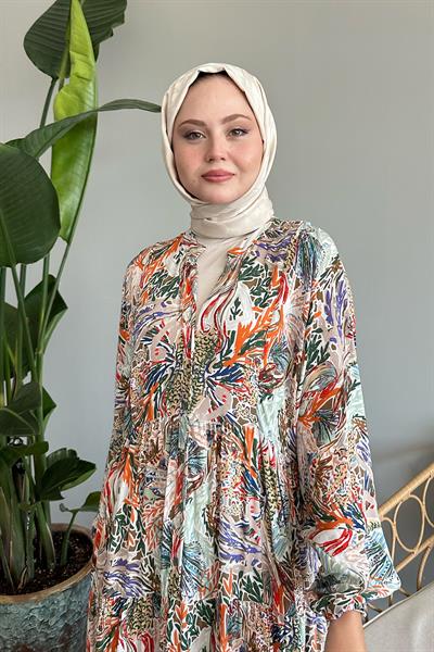 Karışık Renkli Salaş Oranj Viskon Elbise