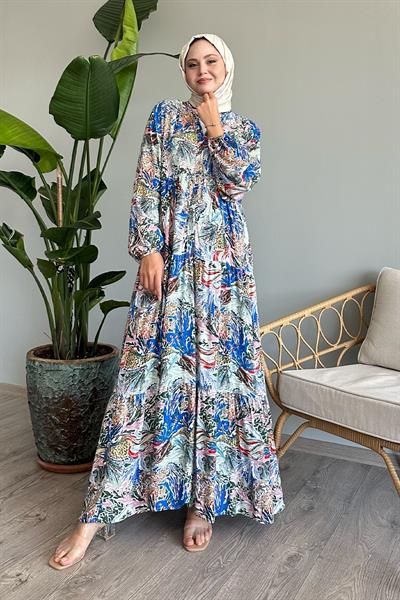 Karışık Renkli Salaş Turkuaz Viskon Elbise