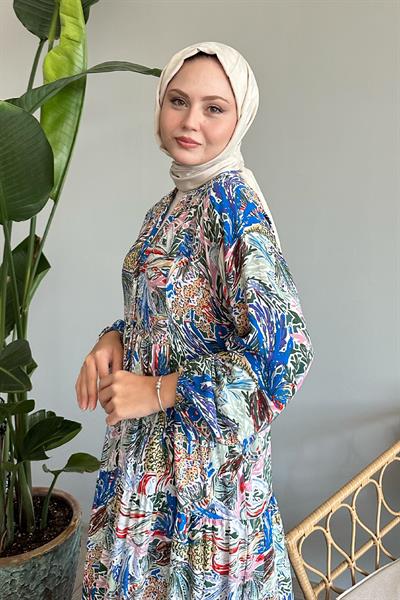 Karışık Renkli Salaş Turkuaz Viskon Elbise