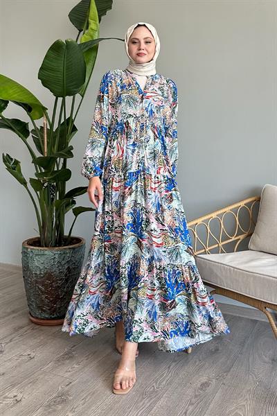 Karışık Renkli Salaş Turkuaz Viskon Elbise