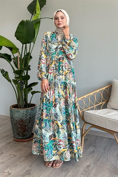 Karışık Renkli Salaş Yeşil Viskon Elbise