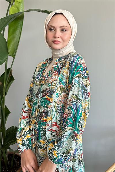 Karışık Renkli Salaş Yeşil Viskon Elbise