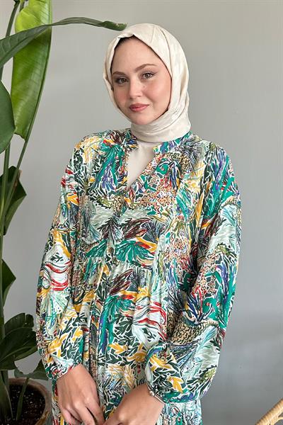 Karışık Renkli Salaş Yeşil Viskon Elbise