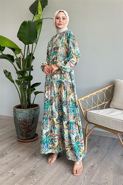 Karışık Renkli Salaş Yeşil Viskon Elbise