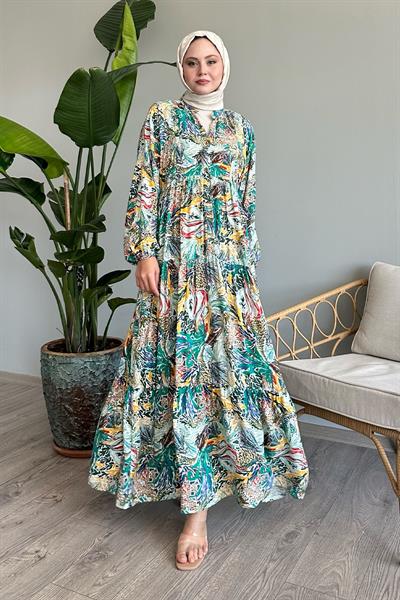 Karışık Renkli Salaş Yeşil Viskon Elbise