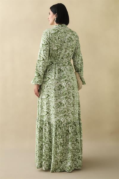 Karışık Retro Desen Viskon Fıstık Yeşili Elbise