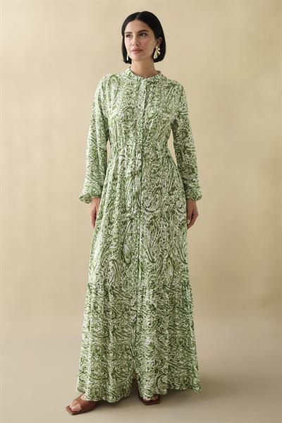 Karışık Retro Desen Viskon Fıstık Yeşili Elbise