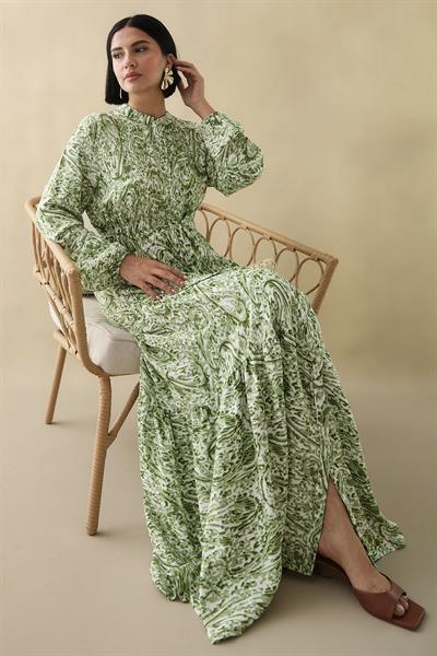 Karışık Retro Desen Viskon Fıstık Yeşili Elbise